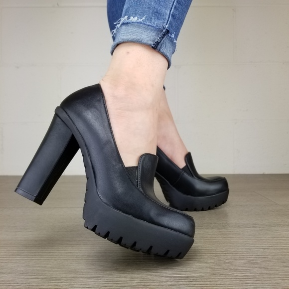 Slip on rockabilly Chunky Heels Faux Leather - Picture 2 of 8